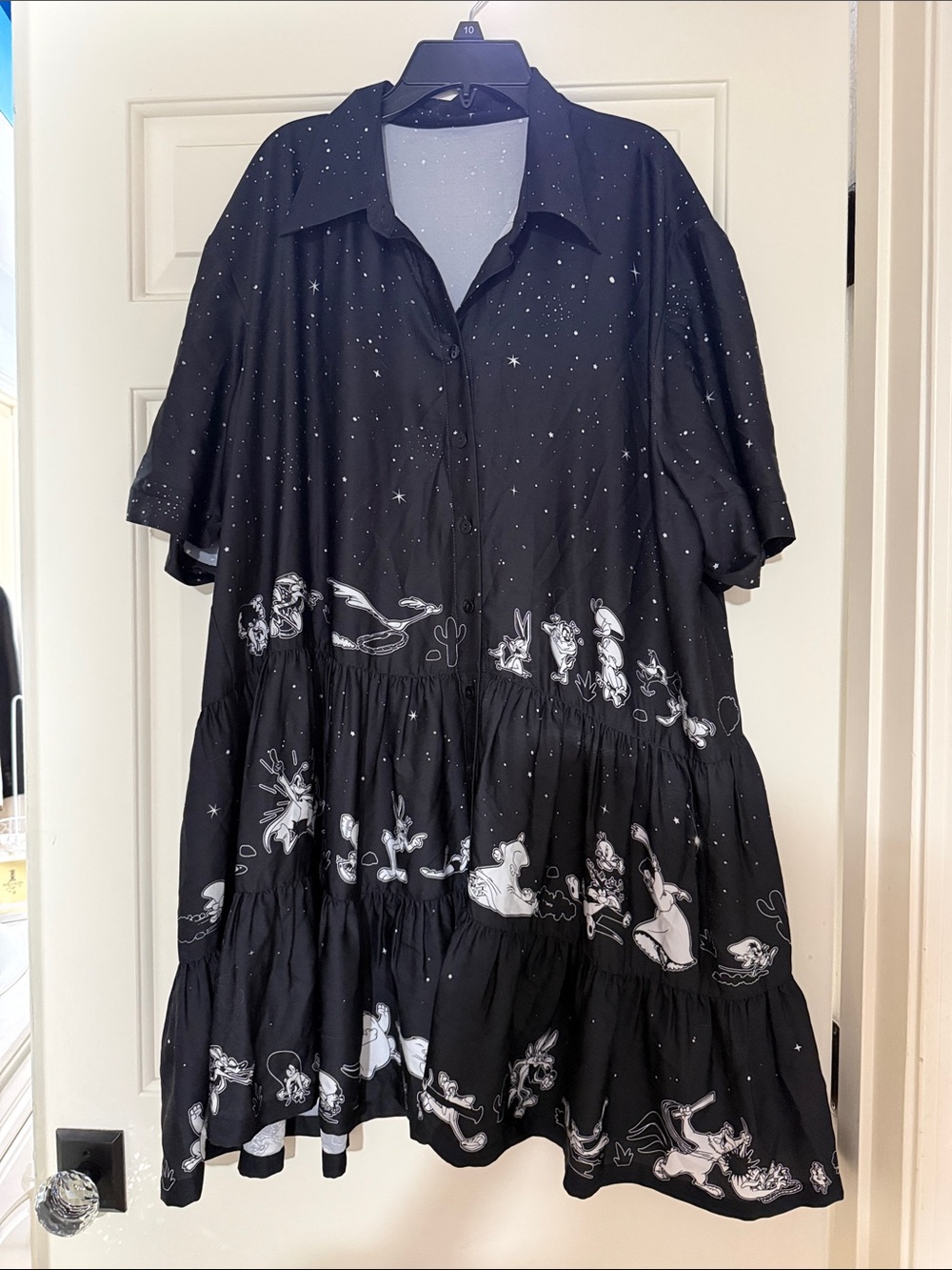 Blackmilk Black Tiered Midi Dress with White Looney Tunes Print